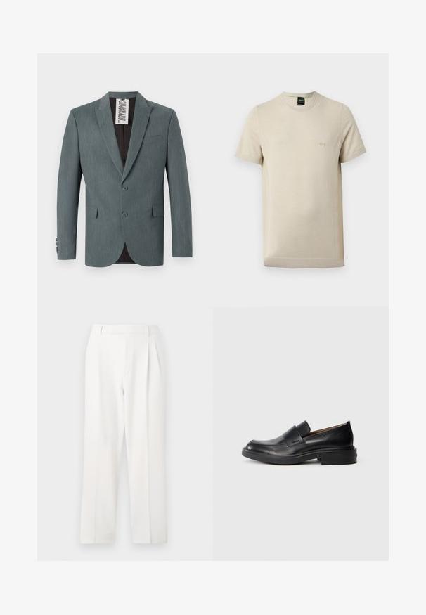 Grijze, gestructureerde blazer met een notch-revers, een twee-knopen voorkant en voorzakken. De binnenkant is donkerbruin met een zichtbare verzorgingslabel.; Beige T-shirt met korte mouwen en ronde hals, met subtiele textuur en klein opgedrukt "BOSS"-logo op de linkerborst.; Witte op maat gemaakte broeken met een recht model, voorzien van plooien, een platte voorkant en een gladde stofstructuur. Geen zichtbare zakken of accenten.; Zwarte leren instap schoenen met een lage hak en subtiel Calvin Klein-logo aan de zijkant, weergegeven in profiel op een witte achtergrond.