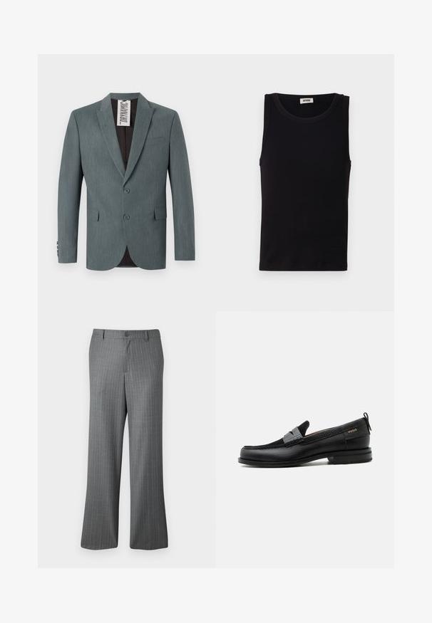 Grijze, gestructureerde blazer met een notch-revers, een twee-knopen voorkant en voorzakken. De binnenkant is donkerbruin met een zichtbare verzorgingslabel.; Zwart mouwloos tanktop gemaakt van zachte katoen. Heeft een ronde halslijn en een rechte snit, met minimale stikdetails.; Grijze pinstripe broeken met een ontspannen pasvorm, voorzien van een knoopsluiting, riemlussen en subtiele lichtblauwe strepen verspreid over de stof.; Zwarte leren loafer met grijs riemdetailelement, lage hak en gestructureerde zool, aan de zijkant gebrandmerkt met "HUGO" in goud.