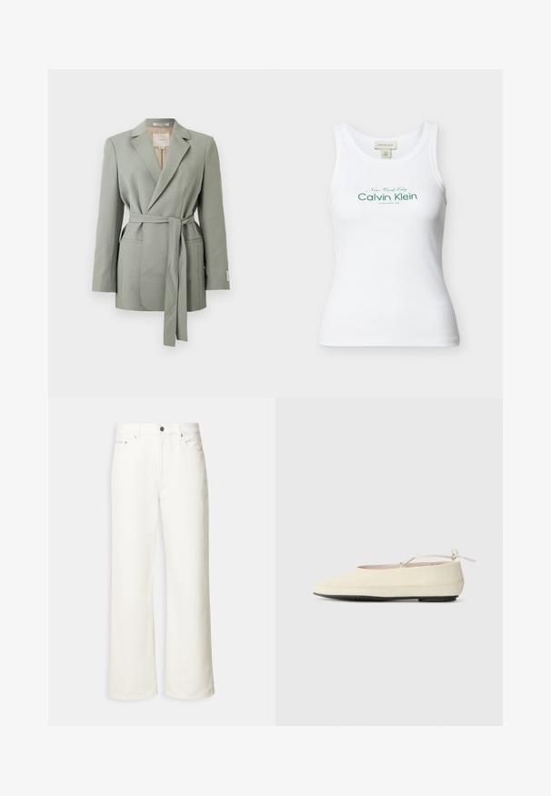 Blazer gris clair ceinturé avec col à revers, manches longues et poches avant, présenté sur un fond blanc uni.; Débardeur Calvin Klein blanc côtelé sans manches avec texte vert « New York City Calvin Klein Established 1968 » sur le devant.; Jean blanc à jambes larges avec boutons à l'avant, passants de ceinture et design à cinq poches.; Des chaussures plates de couleur crème avec un bout arrondi, une sangle à la cheville et une semelle en caoutchouc noir contrastante. Matériau lisse avec un detailing minimal.