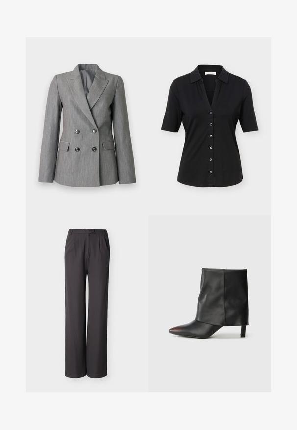 Blazer gris croisé en tissu texturé, avec des revers nets, deux poches avant et des boutons noirs.; Chemise noire à manches courtes avec col, six boutons sur le devant, et une silhouette légèrement cintrée.; Pantalon gris foncé taille haute à jambes larges, avec plis à l'avant, poches latérales, passants pour ceinture et fermeture par bouton à la taille.; Bottine noire en cuir lisse avec un bout pointu et un talon effilé. La tige présente un design légèrement froncé.