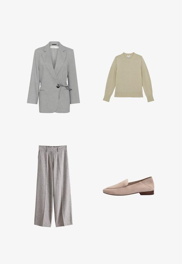 Grauer, strukturierter Blazer mit Wickeldesign, langen Ärmeln und gebundenem Taillenband. Verfügt über zwei Fronttaschen und Reverskragen.; Beige Strickpullover mit Rundhalsausschnitt, geripptem Saum und Bündchen. Leicht strukturiertes Gewebe mit gestickten Details entlang der Ärmel.; Graue Hose mit weitem Bein, hohem Bund, Gürtelschlaufen und vorderen Falten aus strukturiertem Stoff.; Beiger Wildleder-Flachloafer mit niedrigem Absatz, abgerundetem Zehenbereich und sauberer Naht, von der Außenseite auf weißem Hintergrund gezeigt.