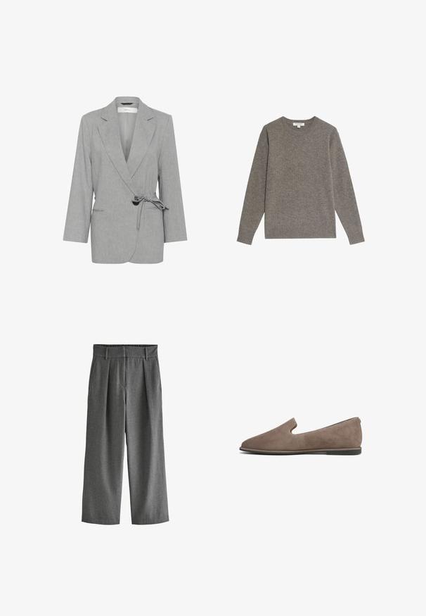 Grijze, gestructureerde blazer met een wikkeldesign, lange mouwen en een strikceintuur. Beschikt over twee voorzakken en notch-revers.; Marks & Spencer Trui - mole; Grijze, wijde broek van geweven stof met een textuurafwerking, voorzien van een aansluitende taille en geplooid voorkantontwerp, met twee zijzakken.; Bruine suède instapschoen met een zachte textuur, een verdunde vorm en uitsnijdingen op de bovenkant. Heeft een minimalistisch ontwerp en een platte zool.