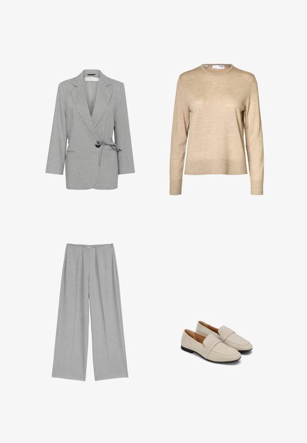 Grijze, gestructureerde blazer met een wikkeldesign, lange mouwen en een strikceintuur. Beschikt over twee voorzakken en notch-revers.; Beige wollen trui met lange mouwen, een ronde hals en geribde boorden en zoom, afgebeeld tegen een witte achtergrond.; Lichtgrijze, wijde broek met een gepleatste voorkant, met een gladde textuur en een discreet zijrits voor sluiting.; Een paar beige instap loafers met afgeronde neuzen, lage zwarte hakken en een brede band over het bovenwerk, afgebeeld op een witte achtergrond.
