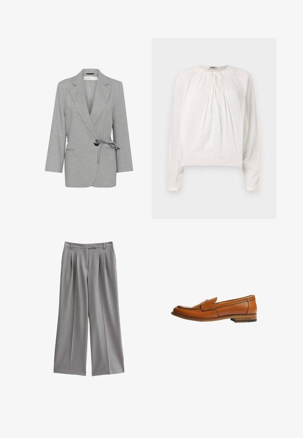 Grijze, gestructureerde blazer met een wikkeldesign, lange mouwen en een strikceintuur. Beschikt over twee voorzakken en notch-revers.; Witte blouse met lange mouwen, ronde hals en geplooide voorkant. Zacht, glad materiaal met een comfortabele pasvorm en knoopdetails bij de kraag.; Grijze wijde pantalon met een geplooid front, gemaakt van een gladde stof. Heeft een platte tailleband met riemlussen en zijzakken.; Bruine leren loafer met een platte hak, ronde neus en een decoratieve band over de wreef. Gladde textuur met contrasterende stikdetails.