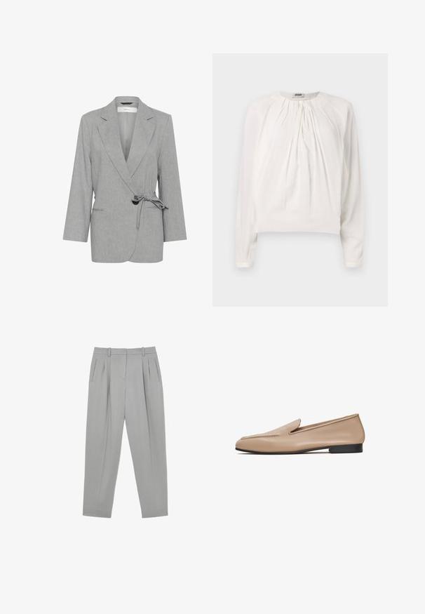 Grå, struktureret blazer med indpakningsdesign, lange ærmer og bindebånd i taljen. Har to forlommer og slagkraver.; Hvid langærmet bluse med rund halsudskæring og plisseret front. Blødt, glat stof med afslappet pasform og knapdetalje ved kraven.; Lysegrå formelle bukser med frontplisser, sidelommer, bæltestropper og en tilspidset benform.; Beige læder loafers med en glat overflade, lav sort hæl og syede detaljer på overdelen. Har en rund tå og minimalistisk design.