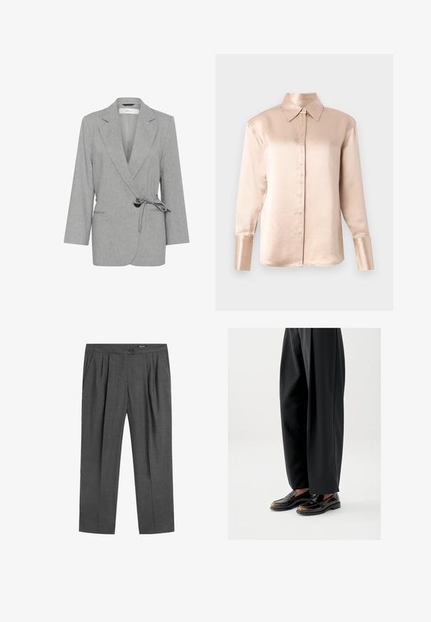 Grijze, gestructureerde blazer met een wikkeldesign, lange mouwen en een strikceintuur. Beschikt over twee voorzakken en notch-revers.; Satin blouse in zacht beige met een klassieke kraag, lange mouwen, knoopsluiting aan de voorkant en een licht oversized pasvorm. Gladde textuur, minimale details.; Donkergrijze op maat gemaakte broek met voorplooien, zijzakken, een knoop aan de taille en een ritssluiting.; Zwarte loafers met een glanzende leren afwerking, voorzien van een decoratieve band over de bovenkant, gecombineerd met loszittende zwarte broeken.