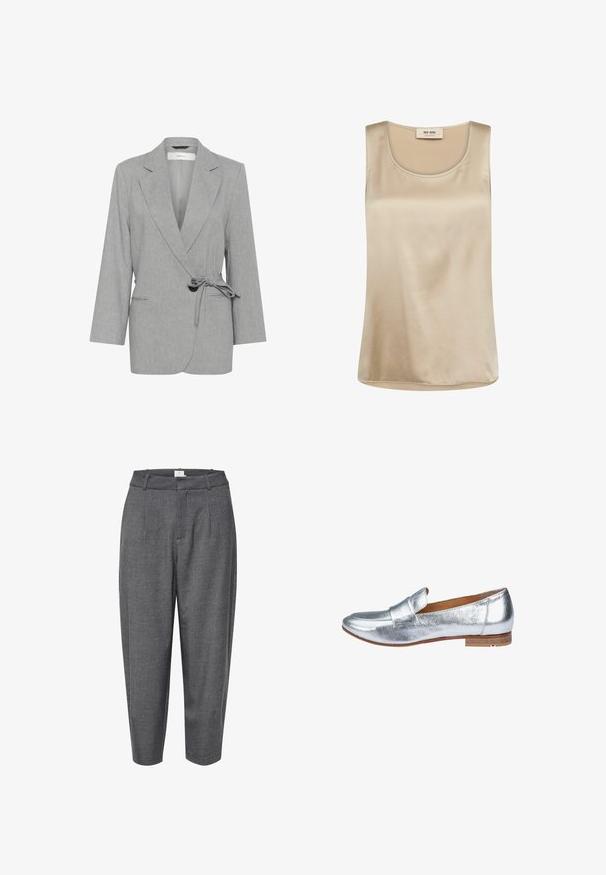 Grå, struktureret blazer med indpakningsdesign, lange ærmer og bindebånd i taljen. Har to forlommer og slagkraver.; Ærmeløs beige satin top med rund halsudskæring og Mos Mosh mærkat inde i kraven.; Grå, tapered bukser lavet af struktureret stof; har folder og en glat talje med en skjult lukning.; Sølv metallic loafers med en glat overflade, rund tå og minimal syning. Har en lav stablet hæl og blødt indvendigt for.