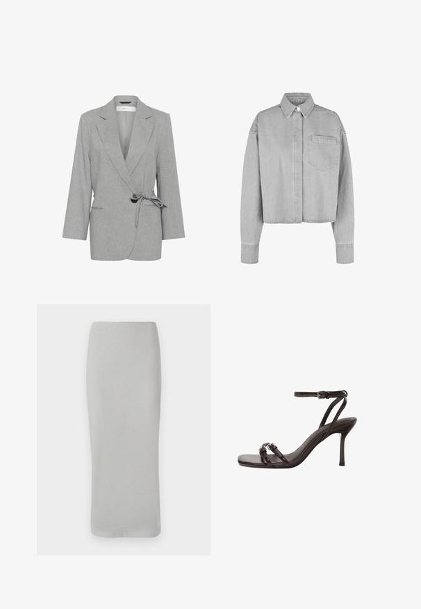 Grå, struktureret blazer med indpakningsdesign, lange ærmer og bindebånd i taljen. Har to forlommer og slagkraver.; Grå cropped skjorte lavet af denim, med spidse krave, frontlomme og knaplukning. Lange ærmer med knapmanchetter.; DRYKORN VONICA - Pencil skirt - grey; Mørkebrun læderhøjhælet sandal med tynde stropper, firkantet tå, to spænde-detaljer på frontstroppene og ankelrem med spænde lukning.