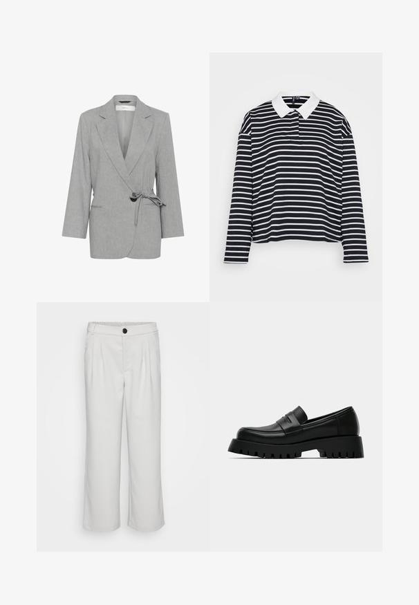 Blazer gris texturé avec un design enveloppant, des manches longues et une taille nouée. Présente deux poches avant et des revers crantés.; Polo shirt à manches longues noir et blanc à rayures, avec un col blanc et une coupe décontractée, présentant des rayures horizontales et une texture de tissu douce.; Pantalons blancs à large jambe en tissu lisse, avec un devant plissé et une taille élastique avec fermeture à bouton.; Mocassin en cuir noir avec une semelle épaisse, présentant une finition lisse et des détails de couture subtils. La semelle comprend des rainures profondes pour une meilleure adhérence.