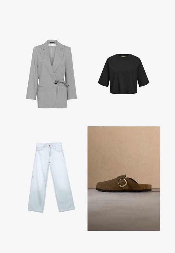 Grå, struktureret blazer med indpakningsdesign, lange ærmer og bindebånd i taljen. Har to forlommer og slagkraver.; Sort bomulds cropped t-shirt med rund hals, korte ærmer og en grøn label detalje ved halsudskæringen. Glat, blød tekstur.; Lyse vaskede denim jeans med vid ben, høj talje, fem-lomme design, kobberknap og kontrasterende syningsdetaljer.; Brun ruskind slip-on sko med bred rem og gulddetalje med spænde, med en struktureret sort sål, placeret over et flettet tæppe.