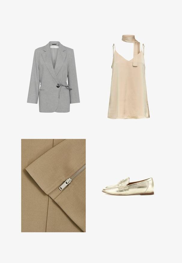 Blazer gris con textura y diseño envolvente, mangas largas y cintura atada. Cuenta con dos bolsillos frontales y solapas de pico.; Vestido beige sin mangas con tirantes finos ajustables y una bufanda a juego para el cuello atada de forma suelta.; Tela beige con una superficie texturizada y costura diagonal, con un zipper plateado que tiene un tirador rectangular.; Mocasín de cuero dorado metálico con detalle trenzado y flecos, suela plana marrón y puntera redondeada.