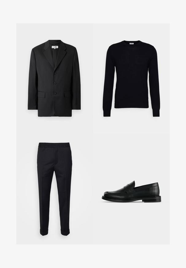 Sort blazer lavet af glat stof, med en slagkrave, tre frontknapper og to frontlommer. Klassisk skræddersyet design.; Sort langærmet sweater lavet af blødt strikket materiale. Rund halsudskæring, ribbede manchetter og kant. Minimalistisk design uden synlige mønstre eller knapper.; Sorte bukser lavet af letvægtsstof, med elastisk talje, sidelommer og oprevne kant. Glat tekstur med frontvendinger.; Sort læder herre penny loafer med lav stablet hæl og rundet tå vist fra siden på lys grå baggrund.