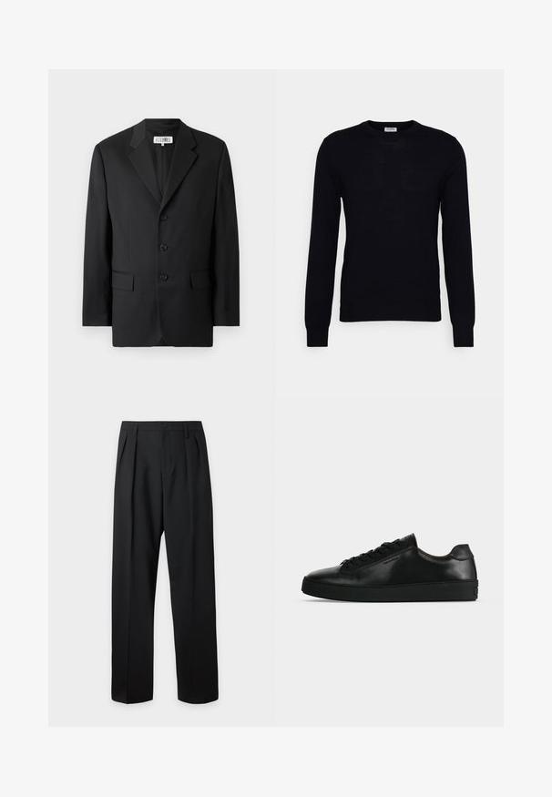 Blazer noir en tissu lisse, avec un col cranté, trois boutons à l'avant et deux poches avant. Design classique et ajusté.; Pull noir à manches longues en tricot doux. Encolure ronde, poignets et ourlet côtelés. Design minimaliste sans motifs ni boutons visibles.; Pantalon noir taille haute, sur-mesure, avec passants pour ceinture, plis sur le devant, fermeture par bouton et jambes droites larges sur fond clair.; Basket basse en cuir noir avec lacets noirs et semelle épaisse noire, vue de profil sur fond gris clair.