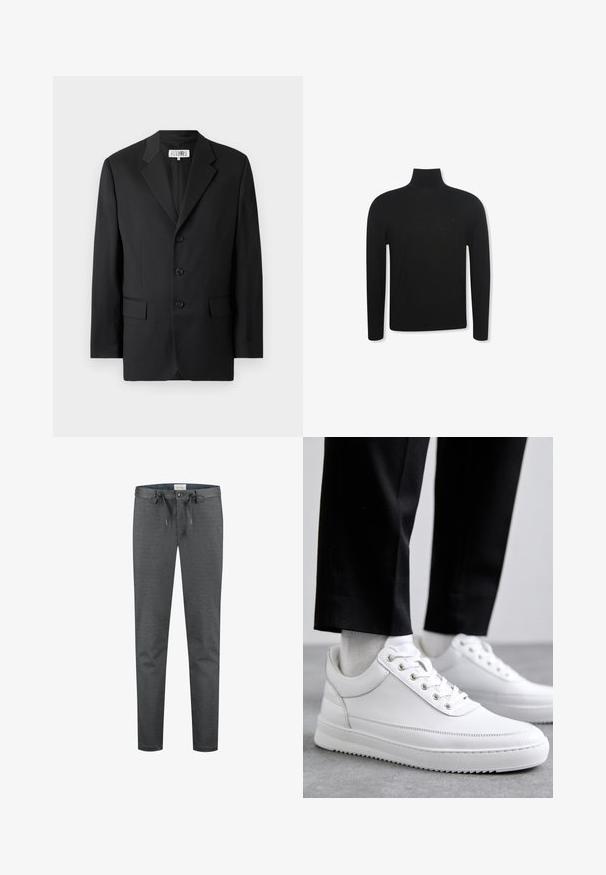 Schwarzer Blazer aus glattem Stoff, mit Reverskragen, drei vorderen Knöpfen und zwei vorderen Taschen. Klassisches, maßgeschneidertes Design.; Schwarzer Langarm-Rollkragenpullover mit schmaler Passform und dezentem Logo auf der linken Brustseite, dargestellt vor weißem Hintergrund.; Graue, dehnbare Hosen mit glatter Textur, Kordelzugbund und Knopfverschluss. Verfügung über eine schmal geschnittene Passform und minimale sichtbare Nähte.; Weiße Leder-Sneaker mit flacher Gummisohle, ausgestattet mit einer glatten Oberfläche, runder Zehenpartie und Metallösen für die Schnürsenkel. Getragen mit schwarzen Hosen.