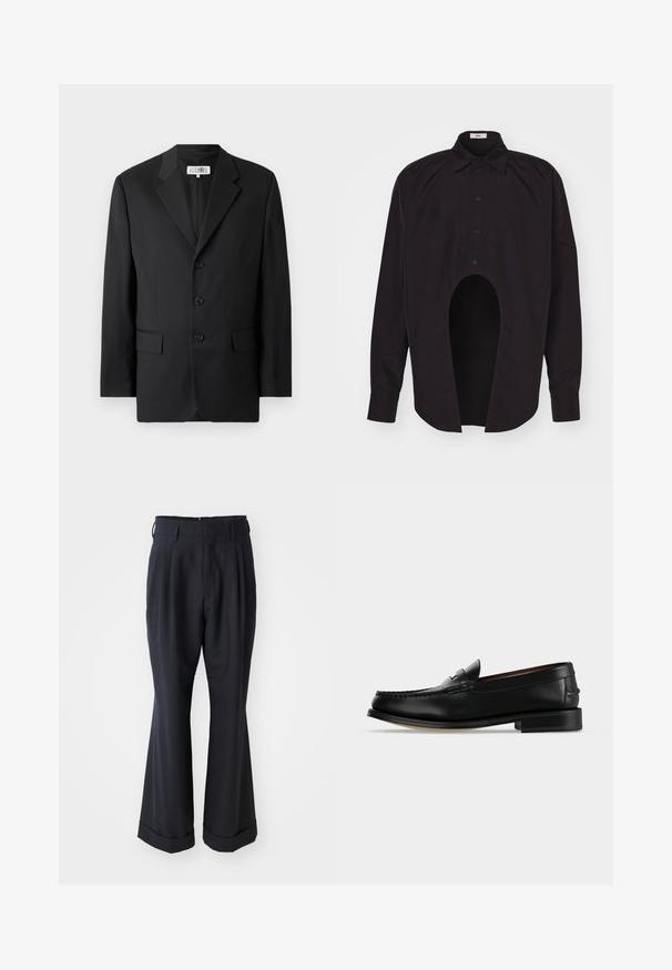 Sort blazer lavet af glat stof, med en slagkrave, tre frontknapper og to frontlommer. Klassisk skræddersyet design.; GmbH GEIR MIX - Skjorter - black; Sorte skræddersyede bukser med en afslappet pasform, plisseret forside og vide ben. Har en opsmøg i bunden og en glat stofstruktur.; Sort læder herre loafer med lav hæl og mokkasinsyning på tåen, vist fra siden på en ensfarvet baggrund.