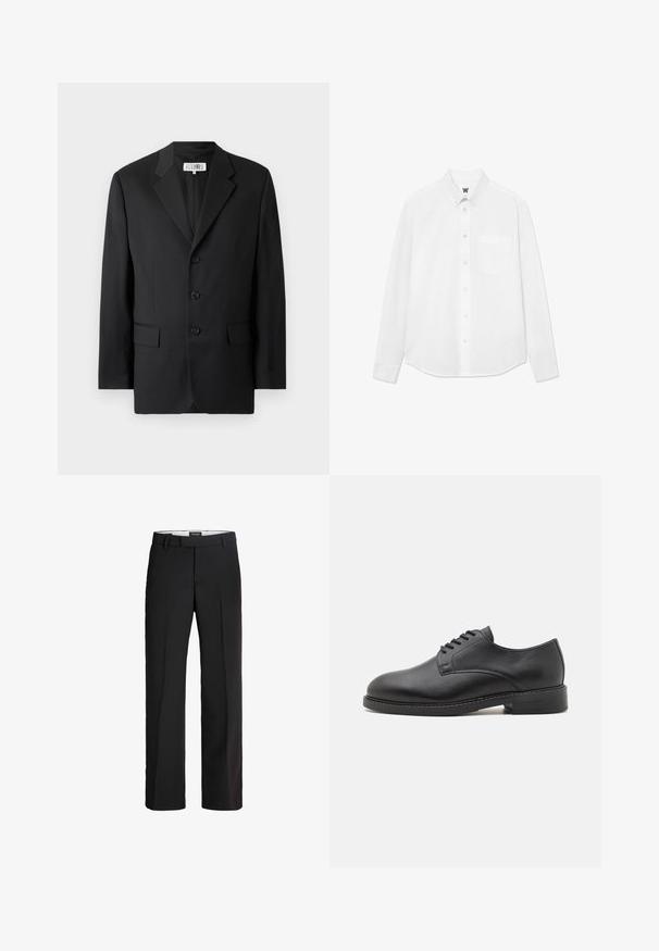 Schwarzer Blazer aus glattem Stoff, mit Reverskragen, drei vorderen Knöpfen und zwei vorderen Taschen. Klassisches, maßgeschneidertes Design.; Weißes Langarm-Hemd mit Knopfleiste, Kragen, einer Brusttasche und dezentem Texturmuster. Die Knopfleiste auf der Vorderseite ist mit Knöpfen und einem kleinen Logodetail versehen.; Schwarze Hosen mit maßgeschneiderter Passform; verfügen über einen flachen Bund, zwei seitliche Taschen und eine glatte Textur; hergestellt aus einem leichten, atmungsaktiven Material.; Schwarze Leder-Oxfordschuhe mit runder Zehenform, glatter Oberfläche, fünf Ösen für die Schnürung und niedrigem, gestapeltem Absatz.
