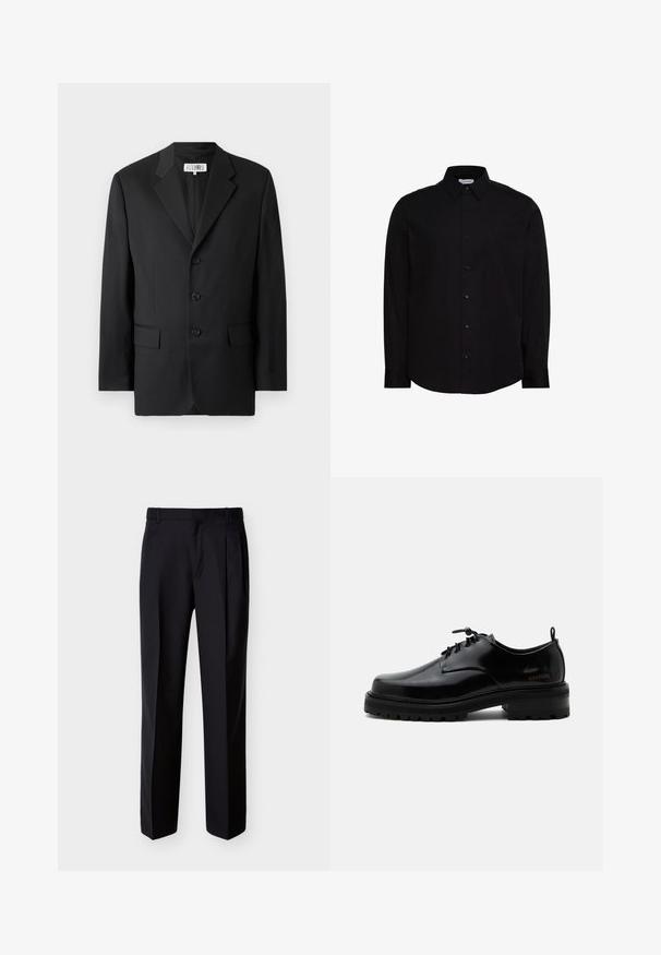 Blazer noir en tissu lisse, avec un col cranté, trois boutons à l'avant et deux poches avant. Design classique et ajusté.; Chemise noire à manches longues avec boutons, fabriquée en tissu lisse. Elle présente un col classique, une patte de boutonnage à l'avant, et un petit logo sur la poitrine.; Pantalon noir ajusté à coupe droite, avec un devant plissé et des poches latérales. Confectionné dans un tissu lisse et léger à motif uni.; Chaussure en cuir noir poli à lacets, semelle en caoutchouc épaisse et talon bas, texte de marque "SAMSOE" sur le côté et languette arrière.