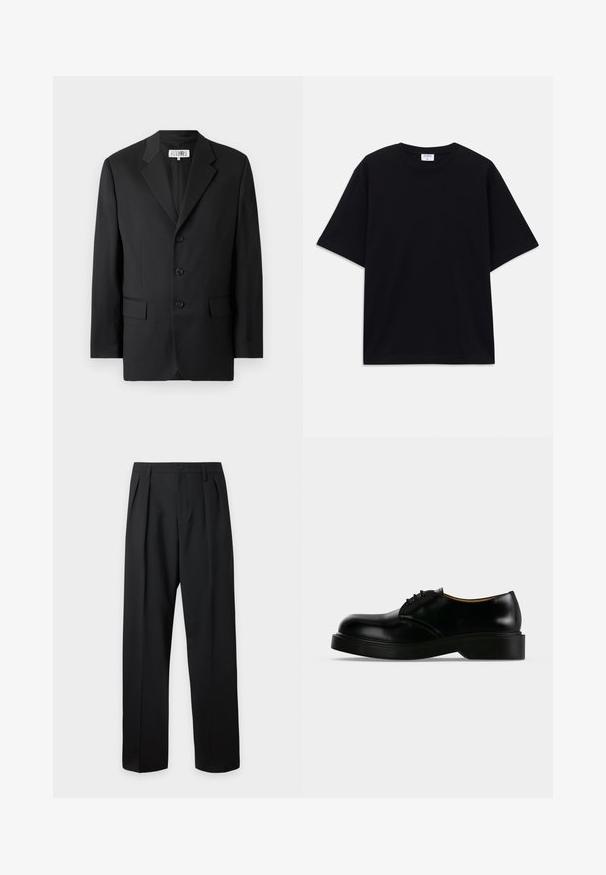 Schwarzer Blazer aus glattem Stoff, mit Reverskragen, drei vorderen Knöpfen und zwei vorderen Taschen. Klassisches, maßgeschneidertes Design.; Schwarzes, oversized T-Shirt mit kurzen Ärmeln und rundem Ausschnitt, mit sichtbarem Filippa K Markenlabel im Kragen.; Schwarze hoch taillierte maßgeschneiderte Hose mit Gürtelschlaufen, vorderen Falten, Knopfverschluss und geraden, weiten Beinen auf hellem Hintergrund.; Schwarzer, polierter Lederschnürschuh mit dicker Sohle, abgerundeter Spitze und niedrigem Absatz, von der Seite auf einfarbigem Hintergrund dargestellt.