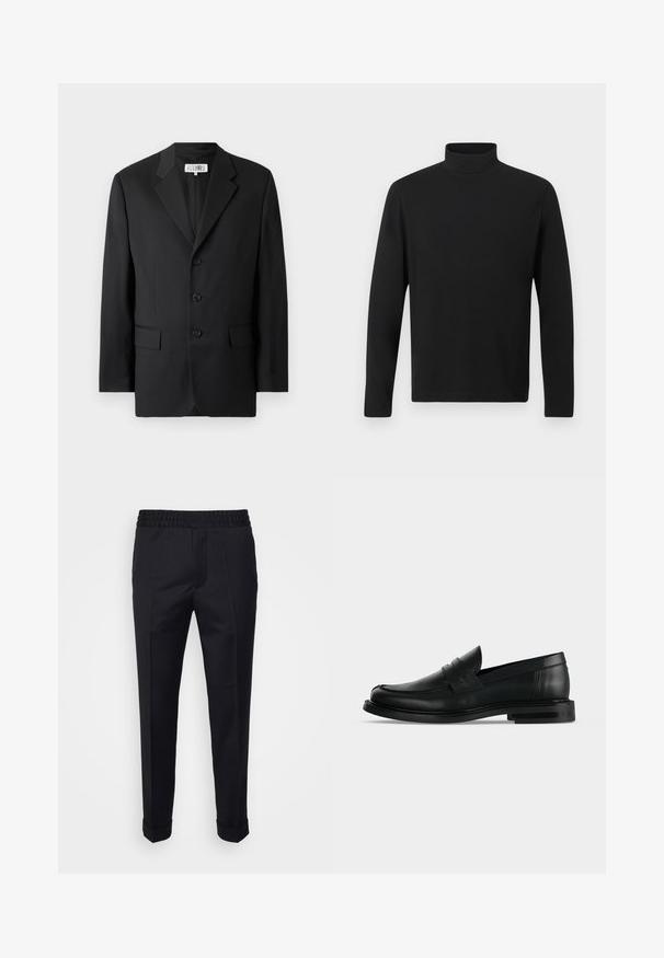 Sort blazer lavet af glat stof, med en slagkrave, tre frontknapper og to frontlommer. Klassisk skræddersyet design.; Sort turtleneck skjorte lavet af glat stof. Har lange ærmer og en høj krave. Enkel design uden yderligere mønstre eller accenter.; Sorte bukser lavet af letvægtsstof, med elastisk talje, sidelommer og oprevne kant. Glat tekstur med frontvendinger.; Sort læder herre penny loafer med lav stablet hæl og rundet tå vist fra siden på lys grå baggrund.