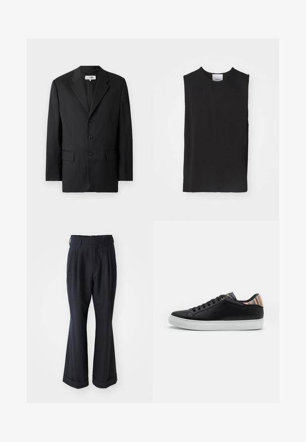 Schwarzer Blazer aus glattem Stoff, mit Reverskragen, drei vorderen Knöpfen und zwei vorderen Taschen. Klassisches, maßgeschneidertes Design.; Schwarzes ärmelloses Top aus glattem Stoff, mit rundem Halsausschnitt und lockerer Passform, mit sauberen Nähten und ohne sichtbare Akzente oder Muster.; Schwarze, maßgeschneiderte Hosen mit lockerer Passform, gefaltetem Vorderteil und weitem Bein. Mit einem umgeschlagenen Saum und glattem Stoffgefühl.; Schwarze Leder-Sneaker mit einer weißen Gummisohle, versehen mit einem gestreiften, mehrfarbigen Akzent an der Ferse und einem schwarzen Schnürverschluss mit goldenen Ösen.