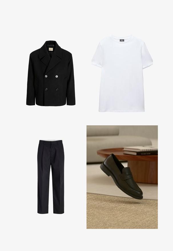 Manteau en laine noir de style peacoat avec un design à double boutonnage, grands revers et deux poches à l'avant, ornés de boutons argentés et noirs. Texture lisse.; T-shirt blanc uni à manches courtes, col rond, avec une étiquette noire Pull&Bear à l'intérieur du col, présenté sur fond blanc.; Pantalon noir à jambes droites avec taille, passants de ceinture, fermeture éclair à l'avant et poches latérales, présenté sur fond blanc.; Chaussure mocassin en cuir noir présentée en suspension au-dessus d'un tapis beige tissé, avec une table en bois et des livres empilés dans un salon doucement éclairé.