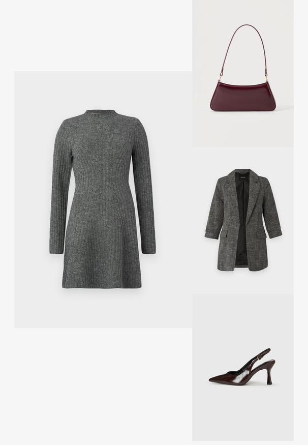 Blazer texturé gris avec un col cranté, deux poches avant et des manches trois-quarts ; intérieur avec une doublure noire lisse.; Robe côtelée, longueur genoux en gris foncé avec des manches longues et un col haut, fabriquée à partir d'un tissu doux et texturé.; Talons slingback en cuir verni brun avec un bout pointu, un talon fin, et une sangle réglable avec une petite boucle.; Sac à main brillant bordeaux foncé avec une anse fine unique et une forme trapézoïdale élégante sur un fond clair uni.