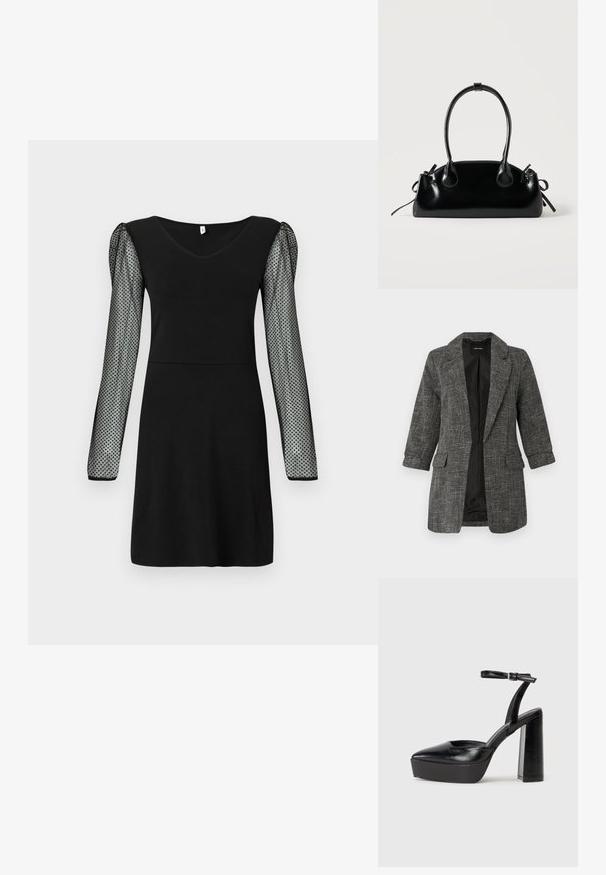 Blazer texturé gris avec un col cranté, deux poches avant et des manches trois-quarts ; intérieur avec une doublure noire lisse.; Robe noire avec un décolleté en V et des manches longues transparentes ornées de petits pois noirs, longueur genoux avec une taille ajustée.; Escarpins noirs à plateforme avec un bout pointu et une sangle réglable à la cheville. Conçus en cuir lisse, avec un large talon bloc.; Petit sac à main noir brillant avec deux longues anses et des détails à cordon sur les côtés sur un fond clair uni.