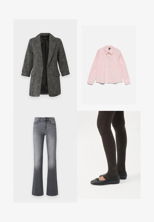 Blazer texturé gris avec un col cranté, deux poches avant et des manches trois-quarts ; intérieur avec une doublure noire lisse.; Chemise rose clair à manches longues avec col et boutons, étalée à plat sur un fond blanc.; Jean flare taille haute en denim gris foncé, avec poches frontales, fermeture à bouton et légère décoloration vers l'ourlet.; Jambes portant des leggings côtelés foncés associés à des ballerines noires avec de petits détails en nœud sur fond blanc.