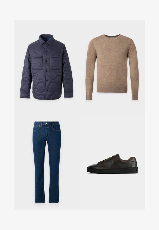 Veste matelassée bleu marine avec fermeture à boutons sur le devant, col pointu, manches longues et deux poches poitrine sur un fond clair.; Pull beige à manches longues avec col rond et texture tricotée unie, présenté sur un fond clair uni.; Jean en denim bleu foncé avec un design slim à jambe droite, style classique à cinq poches et fermeture à bouton à la taille.; Baskets basses en cuir marron foncé avec semelle en caoutchouc noire, lacets à l'avant et design minimaliste épuré sur fond clair.
