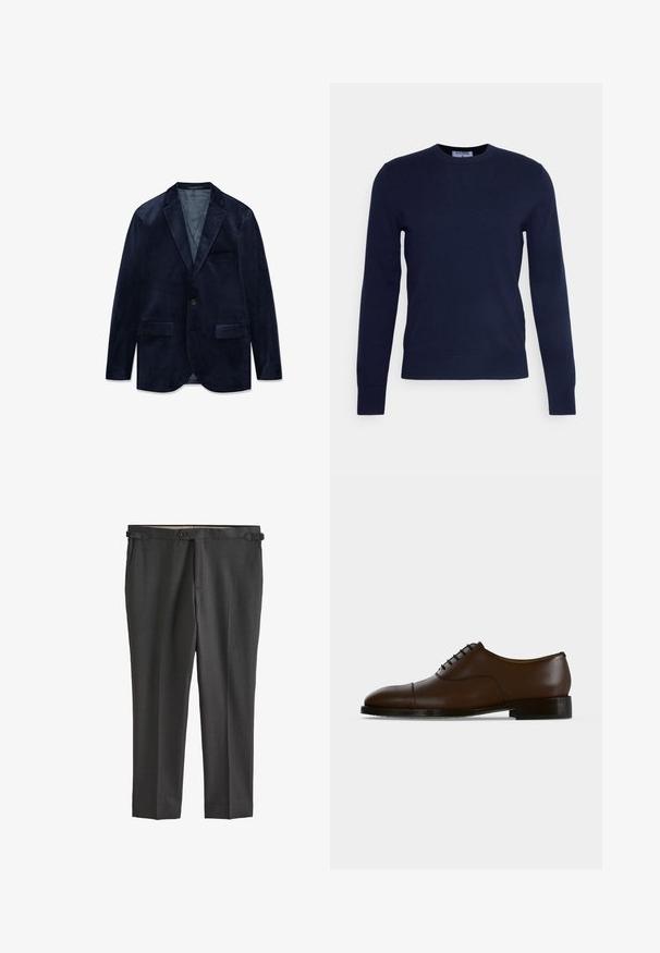 Donkerblauwe fluwelen herenjasje met inkeping revers, enkele knoopsluiting, twee voorzakken met klep en één borstzak.; Marineblauwe ronde hals trui van zachte stof, met lange mouwen en een geribbelde zoom. Geen zichtbare patronen of versieringen.; Donkergrijze op maat gemaakte broek met een gladde textuur, knoopsluiting, riemlussen en zijzakken. Heeft een platte voorkant met scherpe plooien.; Donkerbruine leren nette schoen met neuskapje, gesloten vetersluiting en lage zwarte hak, zijaanzicht op een effen achtergrond.