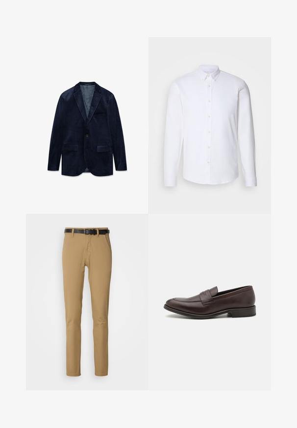 Donkerblauwe fluwelen herenjasje met inkeping revers, enkele knoopsluiting, twee voorzakken met klep en één borstzak.; Witte langharige overhemd met knopen gemaakt van een gladde stof, met een klassieke kraag, acht knopen aan de voorkant en standaard manchetten.; Khaki broek met een slim fit ontwerp, gemaakt van zachte stof. Heeft een zwarte riem, twee voorzakken en een recht gesneden pijp.; Bruine leren loafers met een gladde afwerking, gestikte details op de neus en een lage stapelhak. Minimalistisch ontwerp zonder zichtbare branding.