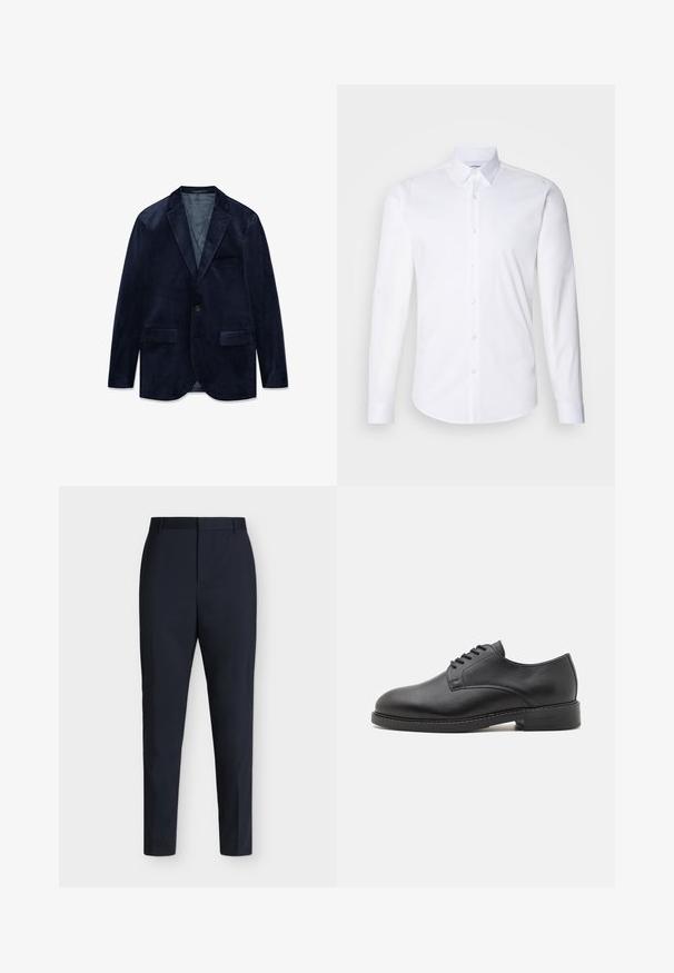 Donkerblauwe fluwelen herenjasje met inkeping revers, enkele knoopsluiting, twee voorzakken met klep en één borstzak.; Witte lange mouwen knoopshirt gemaakt van gladde katoenstof, met een klassieke kraag, knoopsluiting en een gebogen zoom.; Marineblauwe slim-fit formele broek met riemlussen en een verborgen vooraan sluiting, plat neergelegd op een effen lichte achtergrond.; Zwarte lederen oxford schoen met een ronde neus, voorzien van een gladde afwerking, vijf-oog veter sluiting en een lage gestapelde hak.