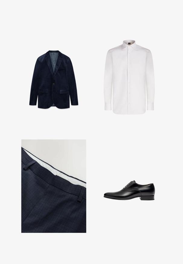 Donkerblauwe fluwelen herenjasje met inkeping revers, enkele knoopsluiting, twee voorzakken met klep en één borstzak.; Witte lange mouw blouse met een gladde stof, klassieke kraag en een afgeronde zoom, met knopen aan de voorkant en manchetten.; Marineblauwe broek met een subtiele ruitpatroon, gemaakt van textuurstof. Beschikt over een witte binnenband en riemlussen.; Zwarte lederen nette schoen met een strak ontwerp, ronde neus, subtiele stiksels en een lage, vierkante hak. Overal een gladde textuur.