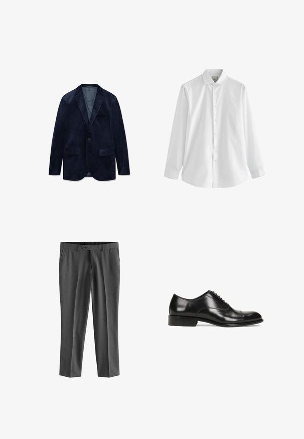 Donkerblauwe fluwelen herenjasje met inkeping revers, enkele knoopsluiting, twee voorzakken met klep en één borstzak.; Next SINGLE CUFF REGULAR FIT - Zakelijk overhemd - white penny collar; Next REGULAR FIT - Pantalon - charcoal grey; Zwarte leren dresschoenen met een ronde neus, vetersluiting, een gladde textuur en een gestapelde hak. Bevat minimale stiksels.