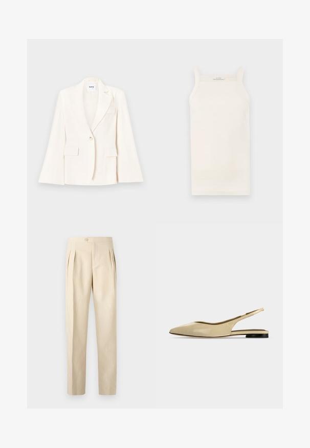 Blazer blanc ajusté avec un bouton, deux poches avant et un col cranté. Texture lisse avec une silhouette structurée.; Débardeur crème à côtes, avec des bretelles fines, une coupe ajustée et un ourlet droit. L'étiquette indique "IVY OAK". Le tissu semble doux et extensible.; Pantalons beiges taille haute avec plis avant, fermeture à bouton unique et coupe droite. Fabriqués à partir d'un tissu texturé et tissé.; Chaussure plate beige à bout pointu avec bride arrière, petit talon noir et finition en cuir lisse, vue de côté sur un fond uni.