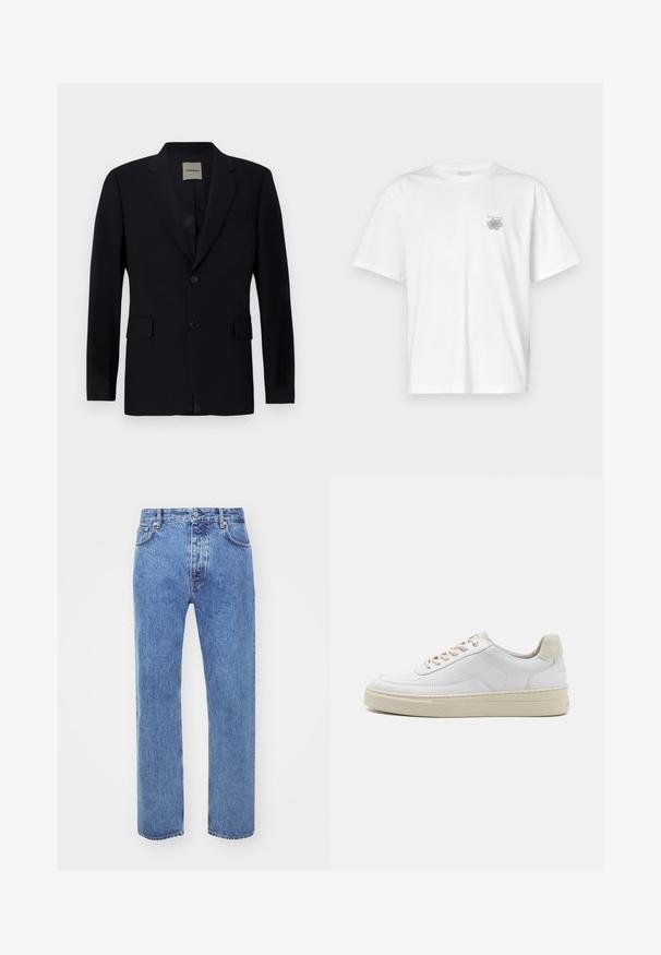 Blazer bleu marine en tissu lisse avec revers cranté, fermeture à un bouton, deux poches avant et une doublure intérieure discrète.; T-shirt blanc en coton avec des manches courtes, un col ras du cou et un petit logo gris sur la partie gauche de la poitrine. Texture lisse.; Won Hundred STEVE - Jean boyfriend - cut blue; Sneaker blanche avec un dessus en cuir lisse, des lacets beige et un onglet de talon en daim beige texturé. Semelle surélevée pour une hauteur supplémentaire.