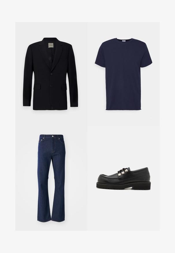 Blazer bleu marine en tissu lisse avec revers cranté, fermeture à un bouton, deux poches avant et une doublure intérieure discrète.; T-shirt bleu marine à manches courtes fabriqué en tissu doux. Présente un col rond et une coupe droite sans motifs ni accents.; Jeans évasés de couleur bleu foncé en denim. Comprend cinq poches, une fermeture éclair à l'avant et un bouton métallique. Accents de couture classique.; Mocassins en cuir noir avec un bout arrondi, présentant trois accents métalliques et une semelle texturée pour une meilleure adhérence. Tige lisse et détails cousus.