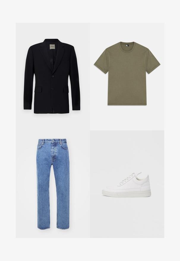 Blazer bleu marine en tissu lisse avec revers cranté, fermeture à un bouton, deux poches avant et une doublure intérieure discrète.; T-shirt en coton olive, manches courtes, encolure arrondie, coupe droite, texture douce, sans motifs, design minimaliste, étiquette à l'intérieur de l'encolure.; Won Hundred STEVE - Jean boyfriend - cut blue; Baskets en cuir blanc avec un embout arrondi, une semelle plate et un laçage à l'avant. Présentent des détails de couture et un col rembourré pour plus de confort.