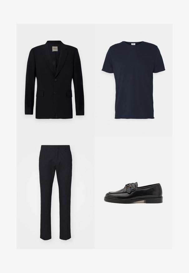 Blazer bleu marine en tissu lisse avec revers cranté, fermeture à un bouton, deux poches avant et une doublure intérieure discrète.; T-shirt en coton bleu marine avec un col rond et des manches courtes, présentant une texture lisse et un design simple, sans motifs ni accents visibles.; Pantalon bleu marine avec une coupe ajustée, fabriqué en tissu lisse. Il présente un devant plat, des passants de ceinture et des jambes droites avec un ourlet soigné.; Mocassins en cuir noir avec un bout arrondi et une boucle décorative. Talon plat, solide et texture lisse sur l'ensemble.