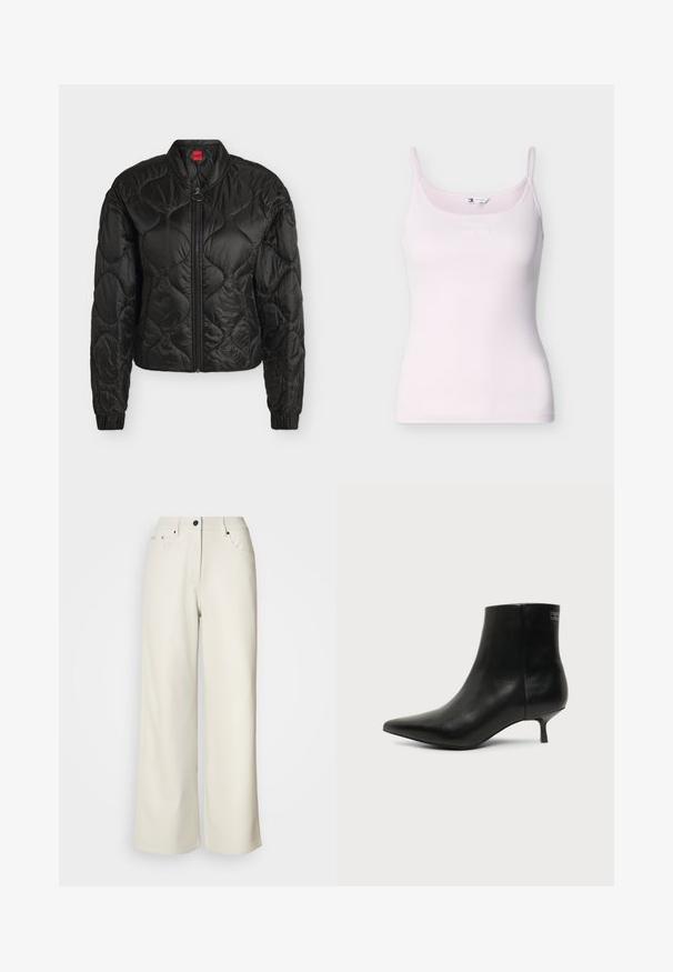 Veste bomber noire matelassée avec fermeture éclair devant, poignets élastiques et petit col montant, présentée sur fond blanc uni.; Camisole côtelée rose clair avec fines bretelles et logo subtil Tommy Jeans sur la poitrine, présentée sur un fond blanc.; Pantalons larges de couleur crème en tissu lisse. Dotés d'une taille mi-haute, d'une fermeture éclair et de deux poches avant avec des accents en matériel noir.; Bottine en cuir noir avec bout pointu et petit talon kitten sur fond clair, vue côté extérieur.