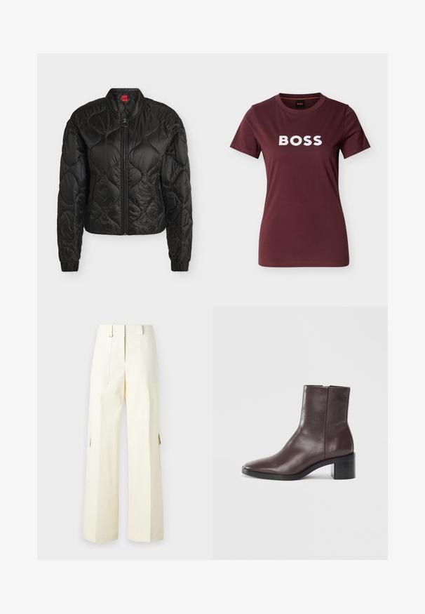 Veste bomber noire matelassée avec fermeture éclair devant, poignets élastiques et petit col montant, présentée sur fond blanc uni.; T-shirt bordeaux à manches courtes et col rond avec le logo BOSS blanc centré sur la poitrine, présenté sur un fond clair uni.; Pantalons cargo à jambes larges en tissu crème clair, dotés de poches à rabat, d'une taille haute et de fentes latérales pour un détail et une fonctionnalité supplémentaires.; Bottine en cuir marron foncé avec un orteil carré, un talon bloc et un logo embossé subtil près du haut sur fond blanc uni.
