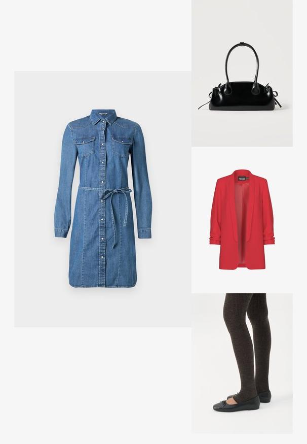 Rode, lichte blazer met een sjawlkragen, open voorkant en opgerolde mouwen. Gemaakt van een gladde stof zonder zichtbare sluitingen. Merk: PIECES.; Jeanshemdjurk, lichtblauw, lange mouwen, knoopsluiting aan de voorkant, twee borstzakken, afneembare tailleband, met ronde zoom en stikselaccenten.; Benen met donkere geribbelde leggings gecombineerd met zwarte ballerina's met kleine strikdetails op een witte achtergrond.; Kleine zwarte glanzende handtas met twee lange hengsels en zijkant trekkoord details op een effen lichte achtergrond.
