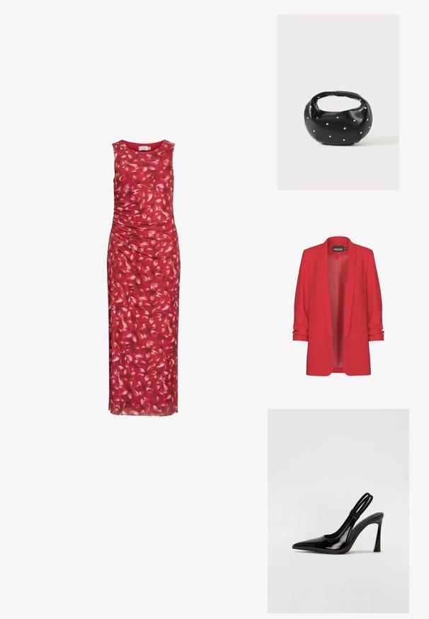 Rode, lichte blazer met een sjawlkragen, open voorkant en opgerolde mouwen. Gemaakt van een gladde stof zonder zichtbare sluitingen. Merk: PIECES.; Mouwloze rode maxijurk met roze bloemenpatroon en zijsamendetail op een effen achtergrond.; Zwarte gepatineerde leren slingback pump met puntige neus, slanke hoge hak en dubbele elastische band voor een veilige pasvorm. Gladde, glanzende oppervlakte.; Zwarte leren handtas met een afgeronde vorm, versierd met zilveren studs, en een korte handgreep. Gladde textuur en ritsluiting.
