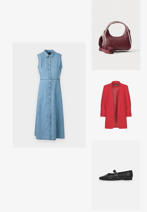Rote, leichte Blazerjacke mit Schalkragen, offenem Vorderteil und hochgerollten Ärmeln. Hergestellt aus glattem Stoff ohne sichtbare Verschlüsse. Marke: PIECES.; Ärmelloses hellblaues Denim-Midikleid mit Kragen und Knopfleiste vorne, taillierter Taille und A-Linien-Rock.; Schwarzer Lederflatschuh mit runder Zehenform, einem verstellbaren Schnallenriemen und einer glatten, glänzenden Oberfläche. Minimalistisches Design mit einem niedrigen Absatz.; Dunkelrote gewebte Ledertasche mit gebogenem Griff, weißem Besatz, silbernem Reißverschluss und abnehmbarem breitem Stoff-Schulterriemen vor einfarbigem Hintergrund.