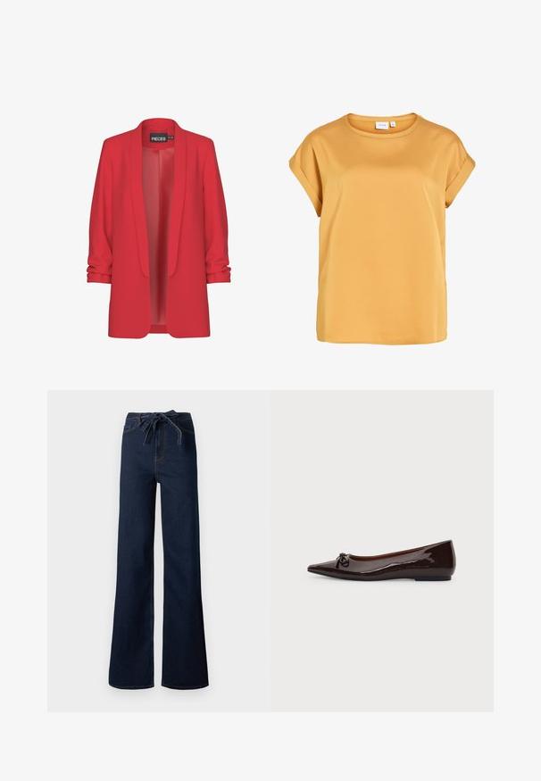Blazer ligero rojo con cuello de chal, apertura frontal y mangas enrolladas. Fabricado en una tela suave sin cierres visibles. Marca: PIECES.; Blusa de manga corta color amarillo mostaza con puños remangados y escote redondo, hecha de tela lisa y ligera.; Vaqueros de pierna ancha y cintura alta de color azul oscuro, con cinturón delantero anudado y el clásico diseño de cinco bolsillos.; Anna Field Wide Fit Bailarinas - dark brown