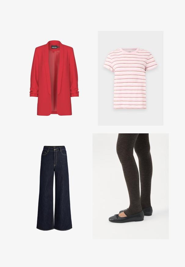 Rote, leichte Blazerjacke mit Schalkragen, offenem Vorderteil und hochgerollten Ärmeln. Hergestellt aus glattem Stoff ohne sichtbare Verschlüsse. Marke: PIECES.; Rosa-weißes T-Shirt mit kurzen Ärmeln, dünnen horizontalen braunen Streifen, Rundhalsausschnitt und lässiger Passform.; Dunkelblaue Jeans mit weitem Bein, vorne mit Knopf und Reißverschluss, vorderen und Münztaschen sowie sichtbaren Kontrastnähten.; Beine in dunklen, gerippten Leggings kombiniert mit schwarzen Ballerinas mit kleinen Schleifendetails auf weißem Hintergrund.
