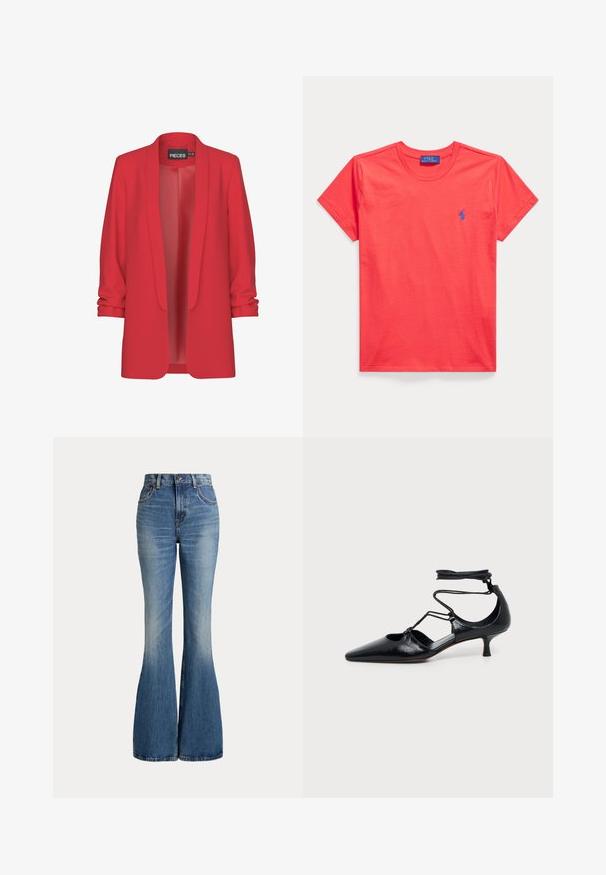 Rød, let blazer med sjalskrave, åben front og op-rullede ærmer. Fremstillet af glat stof uden synlige lukninger. Mærke: PIECES.; Rød T-shirt med korte ærmer og rund halsudskæring med lille blåt broderet Polo Ralph Lauren-logo på venstre bryst.; Højtaljede blå jeans i denim med klokkeformede ben og let falmet område foran på låret, vist mod hvid baggrund.; Sort spids kitten heel sko med ankelstropper og udskæringsdetaljer på siderne, vist på en ensfarvet lys baggrund.