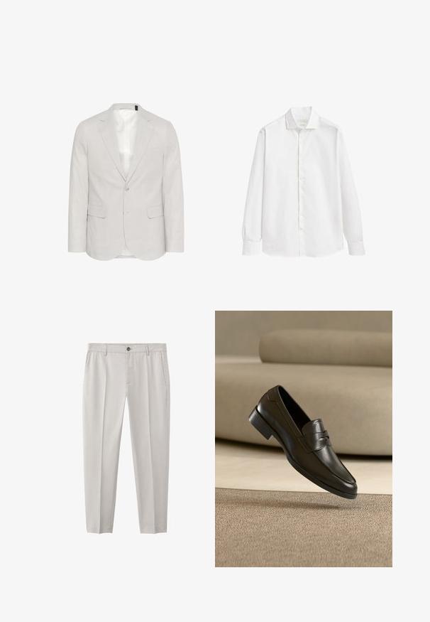 Lichtgrijze blazer van linnenmix, met een opstaande revers, twee voorzakken en een sluiting met twee knopen, voorzien van een gladde voering.; Witte langendige blouse met knopen en puntige kraag, vlak weergegeven op een witte achtergrond.; Lichtbeige nette broek met zijzakken, riemlussen, knoopsluiting aan de voorkant en rechte pijpen.; Zwarte leren loafer zwevend boven een beige tapijt met een beige bank op de achtergrond, met een klassiek mannenmodel instapontwerp.