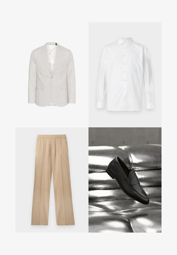 Lichtgrijze blazer van linnenmix, met een opstaande revers, twee voorzakken en een sluiting met twee knopen, voorzien van een gladde voering.; Wit overhemd met lange mouwen, knoopsluiting, spreidkraag en knoopmanchetten, weergegeven op een effen witte achtergrond.; Beige wijde broek gemaakt van textiel met textuur, voorzien van een elastische tailleband en zonder zichtbare zakken of versieringen.; Zwarte leren loafer die boven een glanzende zilveren leren bank met knopen zweeft in een neutrale omgeving.