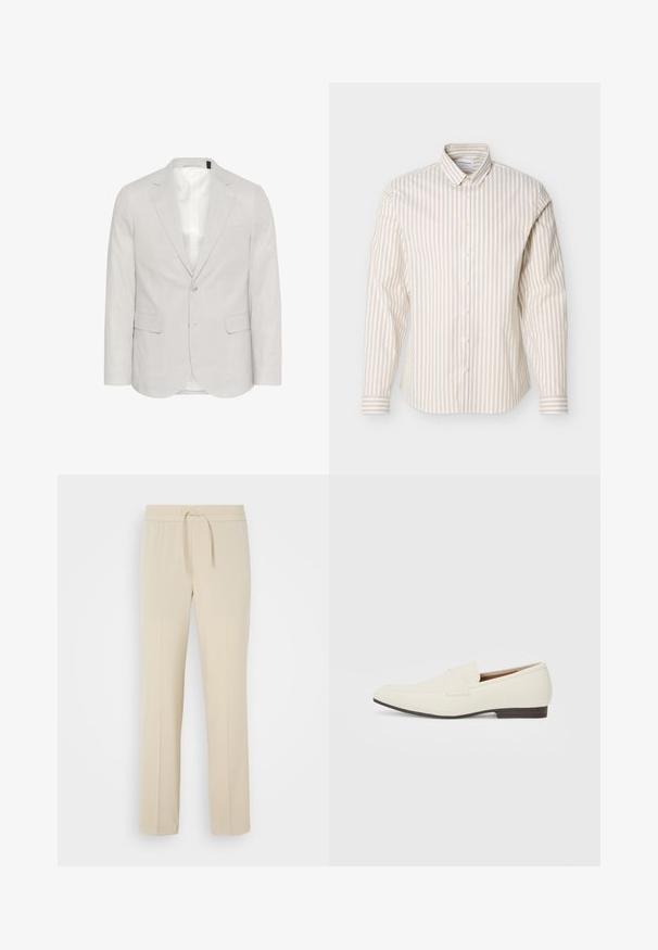 Blazer gris claro hecho de una mezcla de lino, con solapa muesca, dos bolsillos frontales y cierre de dos botones con un forro interior suave.; Camisa beige y blanca de rayas verticales con botones y manga larga, cuello abotonado, mostrada sobre un fondo blanco liso.; Pantalones beis con cintura elástica y cordón. Presentan piernas rectas y una textura suave, adecuados para el uso casual o para relajarse.; Mocasines beige claro con puntera puntiaguda, material suave, una correa a través del empeine y una suela baja marrón. Diseño simple con acentos mínimos.